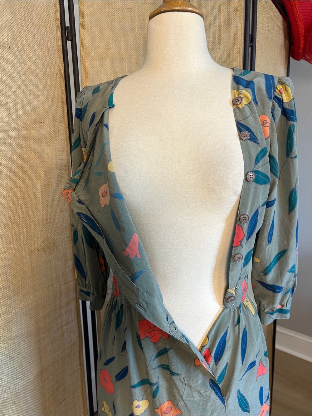 Vintage 1980s Maggy London 100% silk dress fall Floral Print Green size 10 - Picture 8 of 16